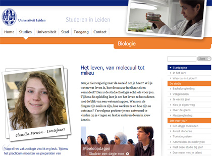 Voorbeeld van een website met menu aan de rechterkant (Universiteit Leiden)