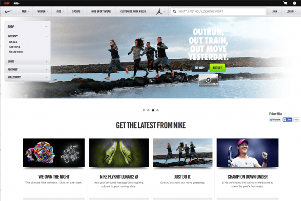 Voorbeeld van de Nike website met een goede identiteit, branding en logo.
