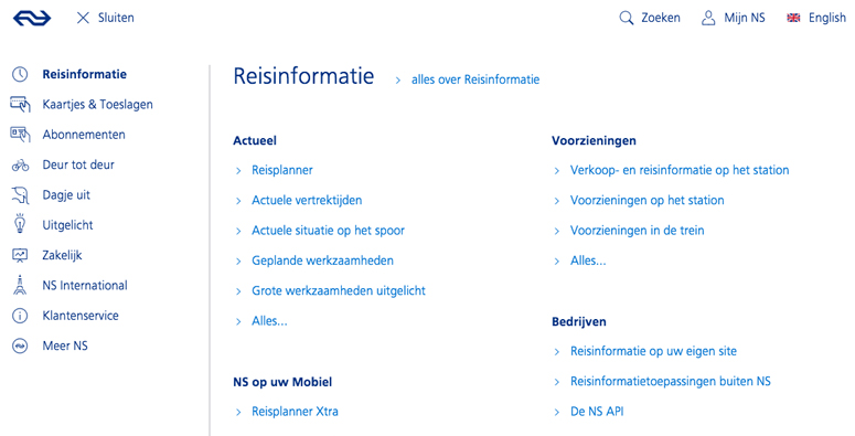 Het menu van de NS beslaat de hele pagina