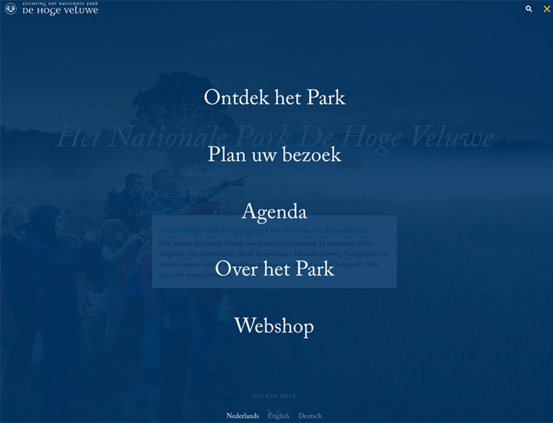 Park de Hoge Veluwe biedt het menu fullscreen aan