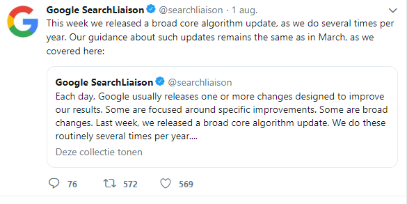 Google-tweet met reactie over update