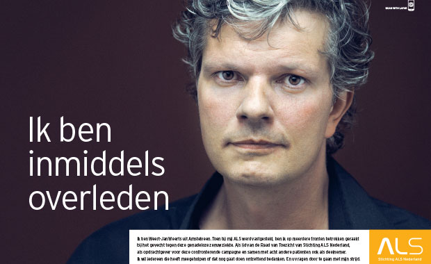 Reclame voor ALS met de foto van iemand die inmiddels is overleden.