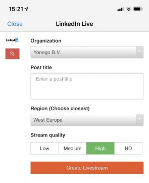 Screenshot van LinkedIn Live in een extra app.