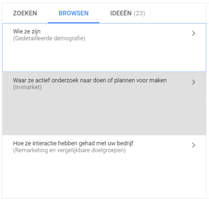 Screenshot van een extra optie: targeting op aangepaste intentiedoelgroepen.