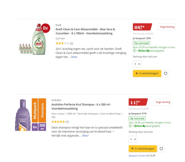 Voorbeelden van multipacks met afwasmiddel en shampoo op bol.com.