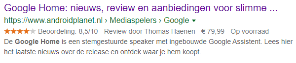 Rich snippet voorbeeld met beschikbaarheid voorraad.