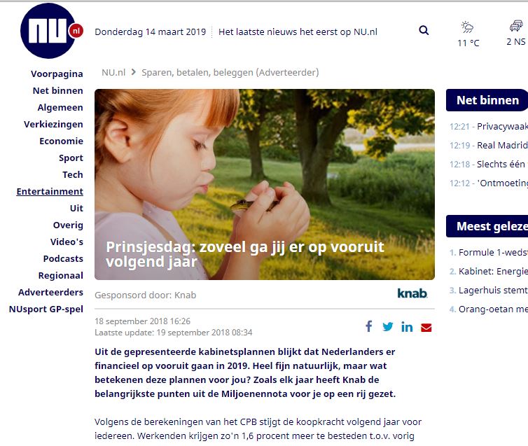 Knab advertorial op Nu.nl.