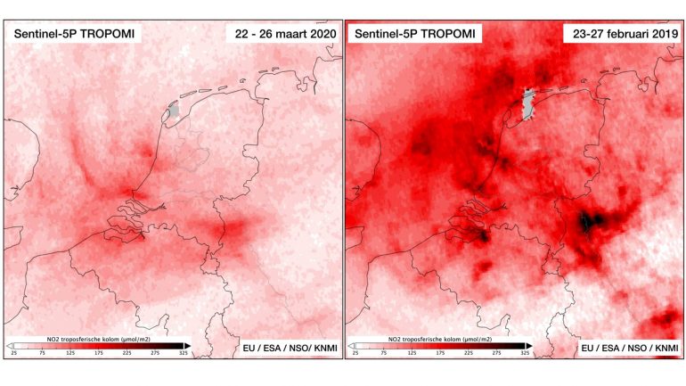 Purpose: Door de afgenomen verkeersdrukte en uitstoot werd de lucht boven (ons)land een heel stuk schoner (afbeelding (c): NOS / KNMI)