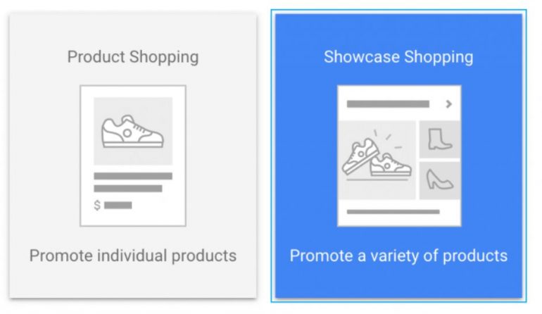 Een product shopping en showcase shopping advertentie naast elkaar.