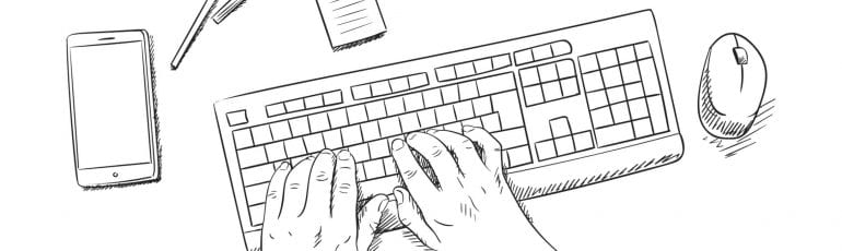 Tekening handen op toetsenbord muis telefoon pen