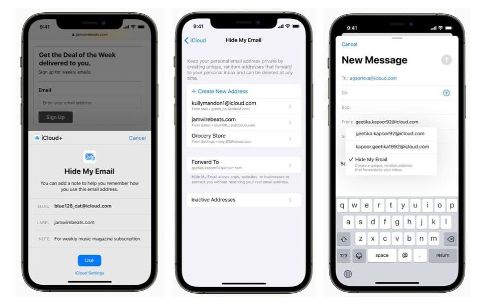 Screenshots van Hide My Email.