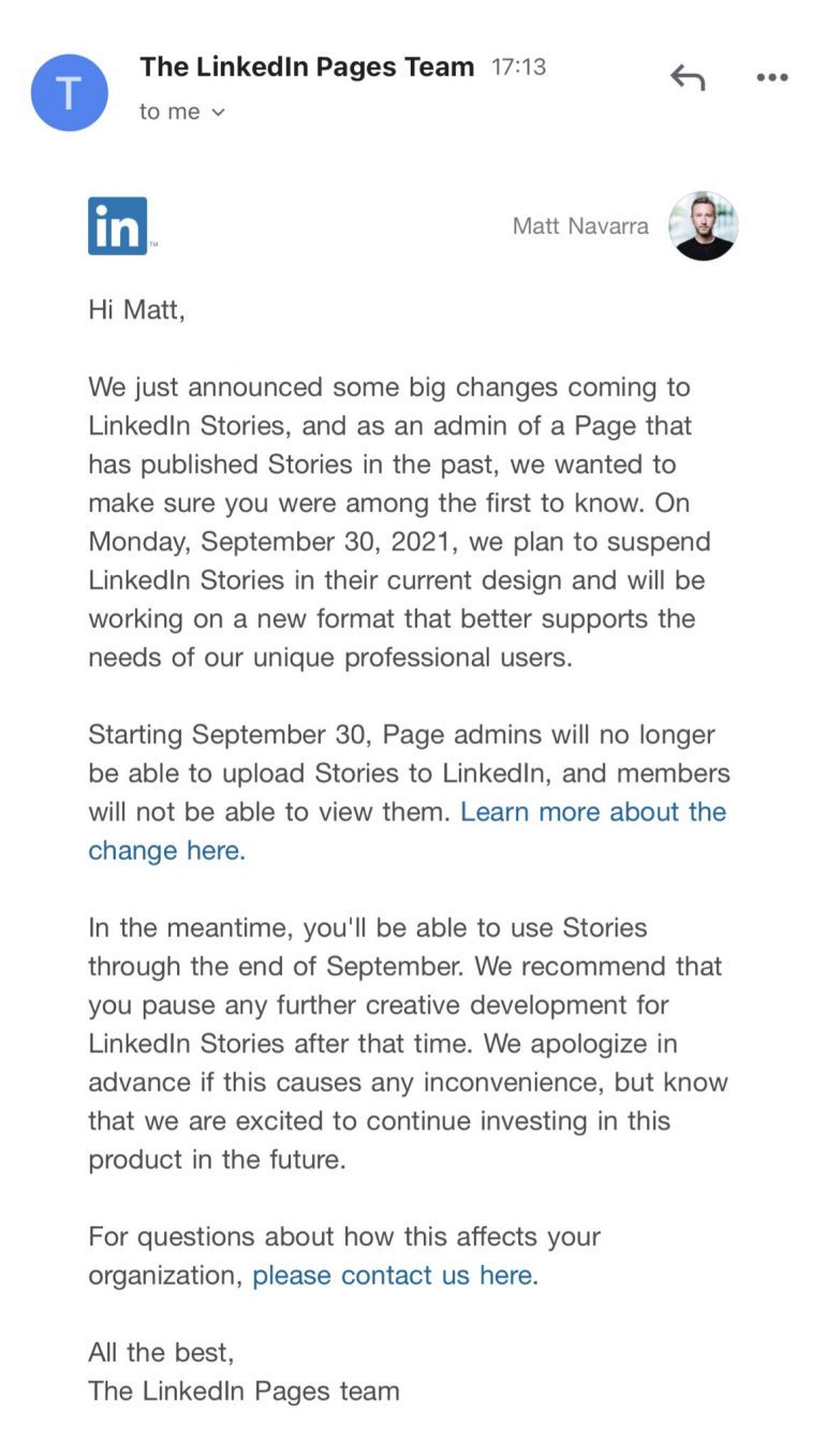 Mail over dat LinkedIn Stories stopt.