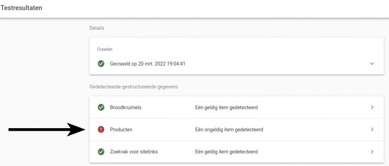 Screenshot van de testresultaten van SEO.