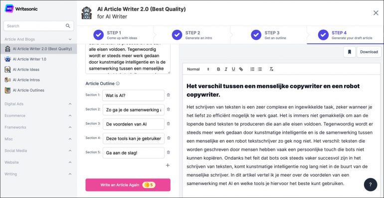Screenshot van Writesonic - stap 4