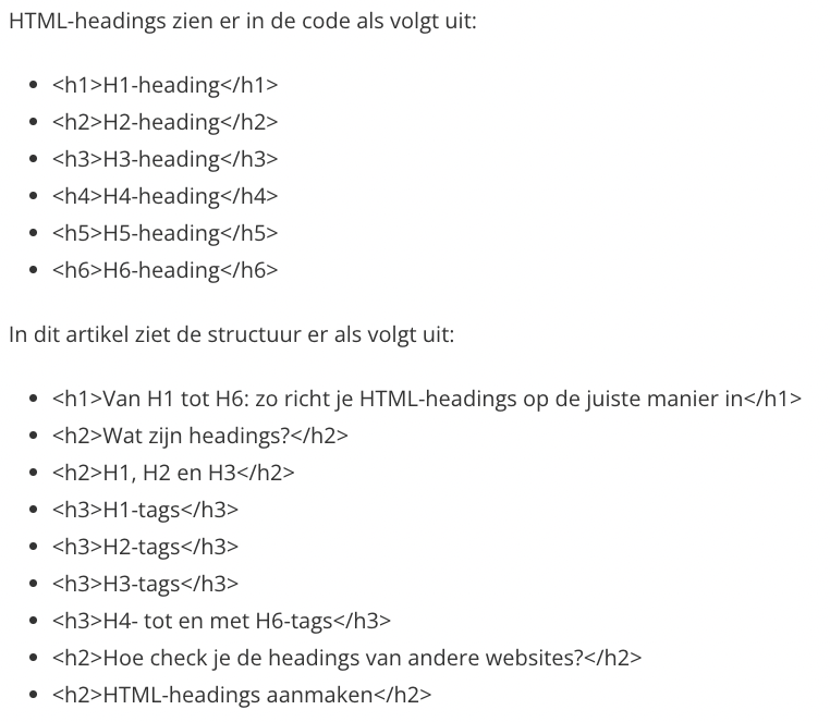 Voorbeeld HTML-headings in een artikel