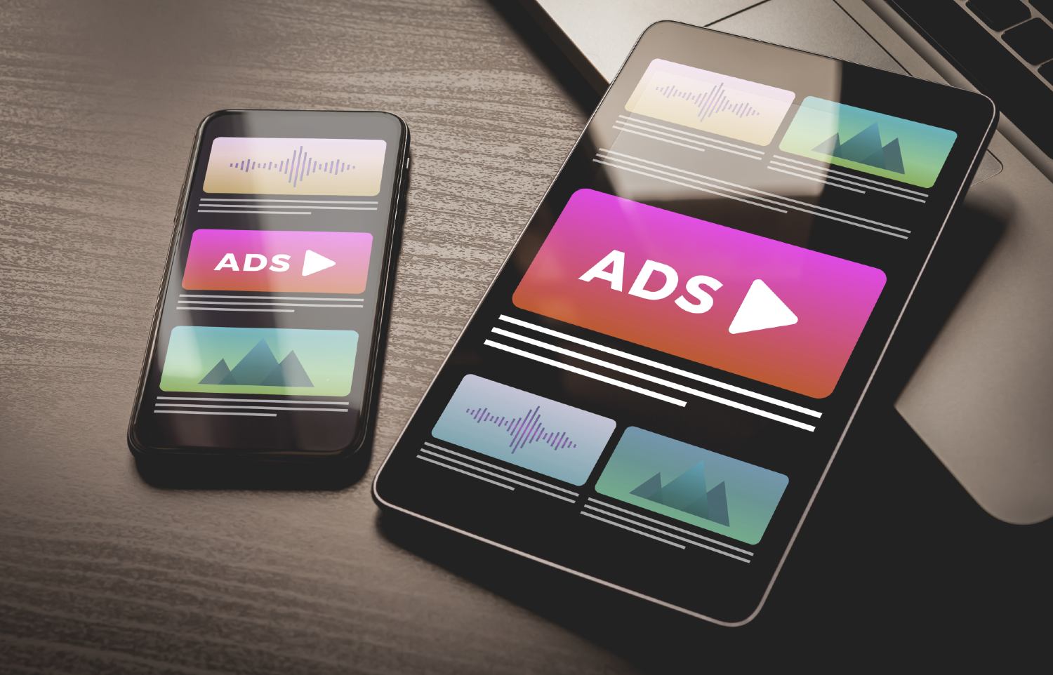 Afbeelding van advertenties op een telefoon en tabled.