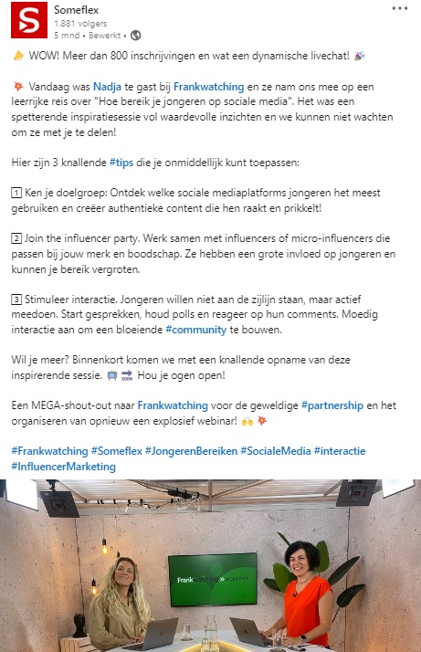 Het populairste webinar ging over social-media content creëren met Nadja Desmet van Someflex