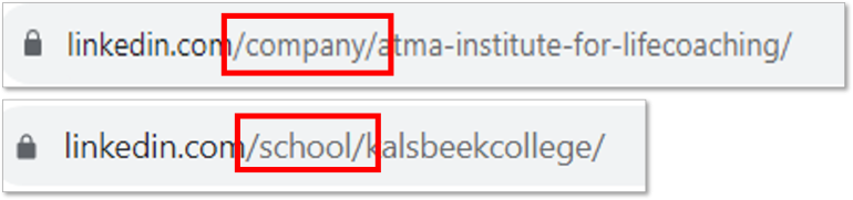 Screenshot van het verschil in de LinkedIn-link als je een school of bedrijf aanmeldt.