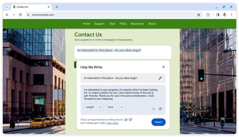 Screenshot van de AI-update in Google Chrome die helpt met teksten schrijven.