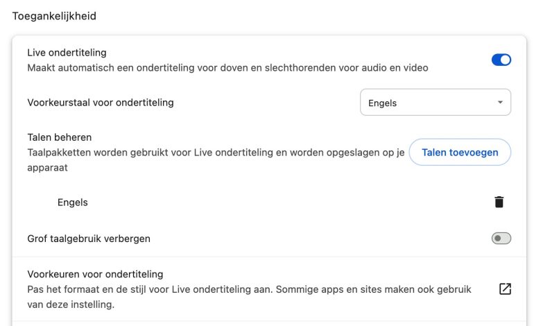 Screenshot van waar je de live ondertiteling in Google Chrome aan kunt zetten.