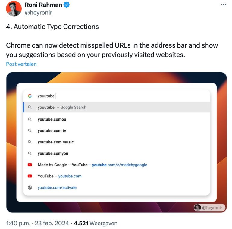 Tweet van Roni Rahman over de Automatic Typo Corrections.