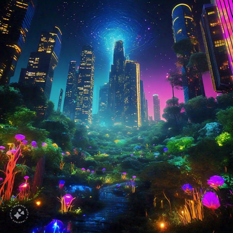 ChristianFictoor - dreamlike cityscape meets a surreal neon forrest - Meta AI