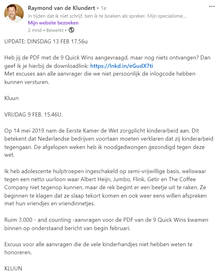 screenshot van update post kluun door succes oogstbijdrage